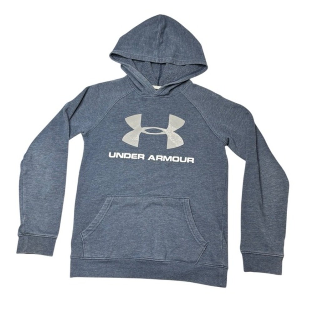 Under Armour Boys Navy Blue Heather Pullover Hoodie with Logo Long Sleeve Sz Y M
